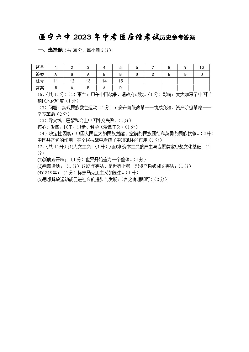 2023年四川省遂宁市第六中学中考适应性考试历史试题（含答案）01