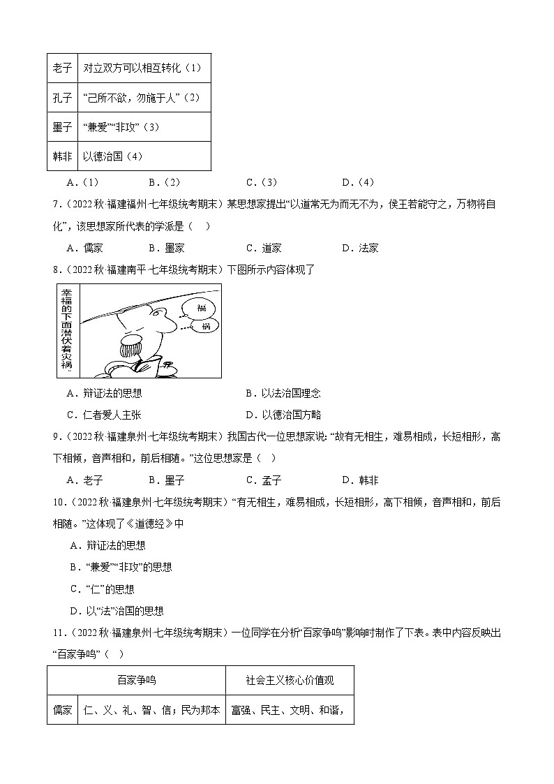 第8课百家争鸣期末试题选编 2022－2023学年上学期福建省七年级历史02
