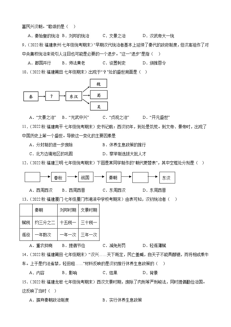 第11课 西汉建立和“文景之治” 期末试题选编 2022－2023学年上学期福建省七年级历史02