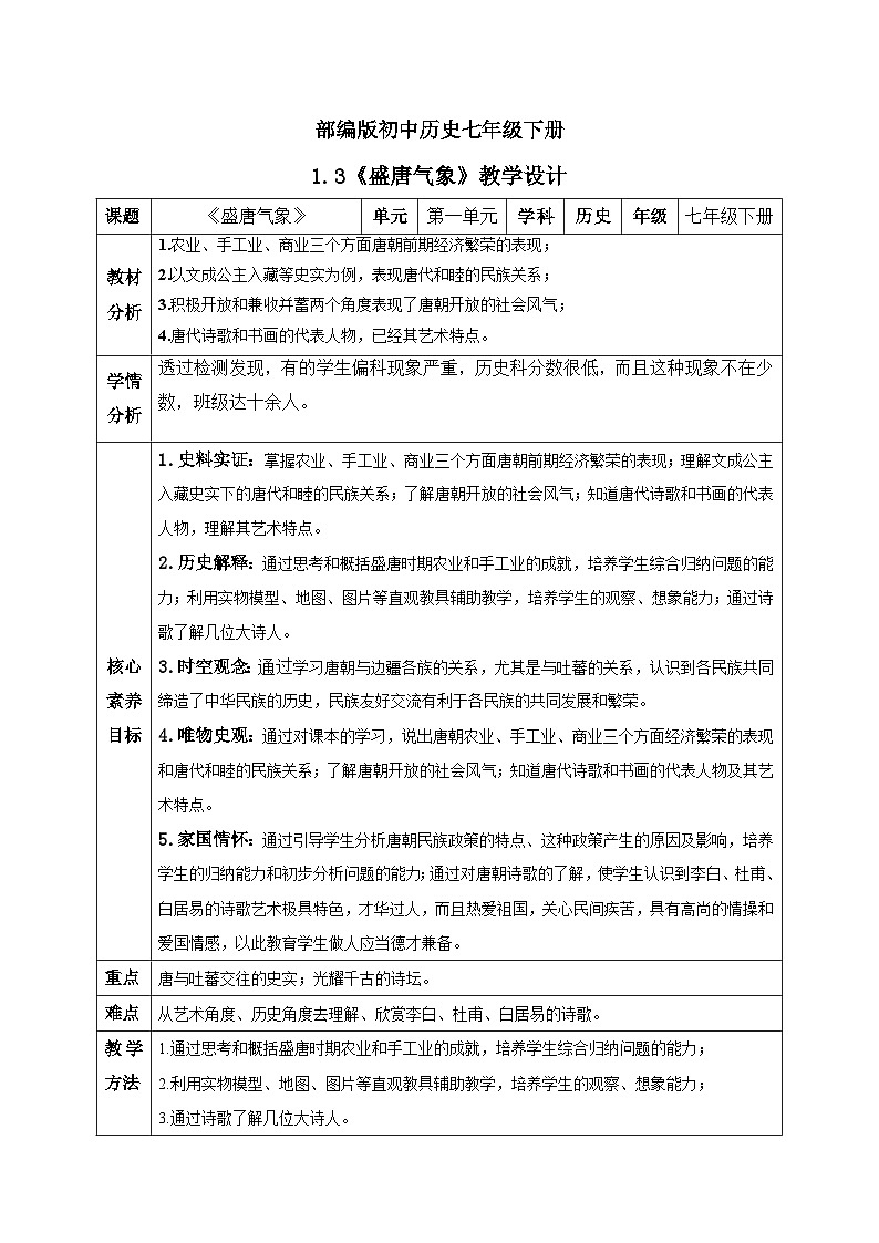 【核心素养】部编版初中历史七年级下册 3 盛唐气象 精品教案第1页
