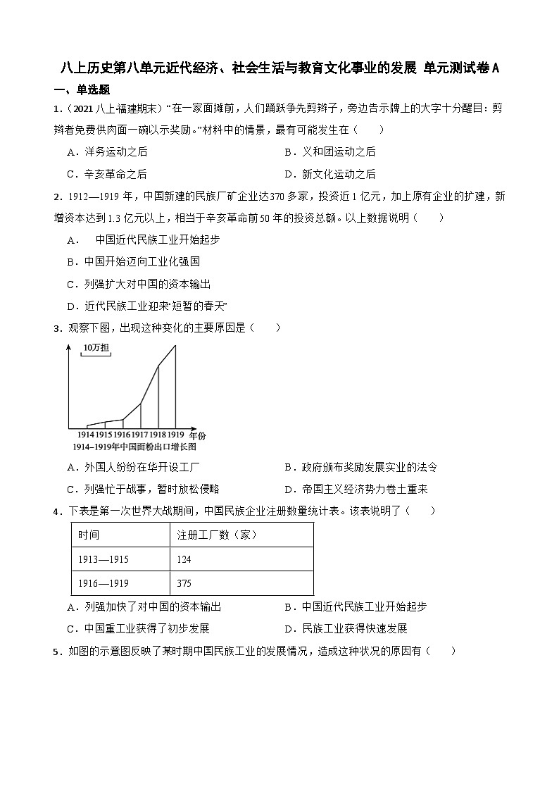 第八单元 近代经济、社会生活与教育文化事业的发展 单元测试卷A01