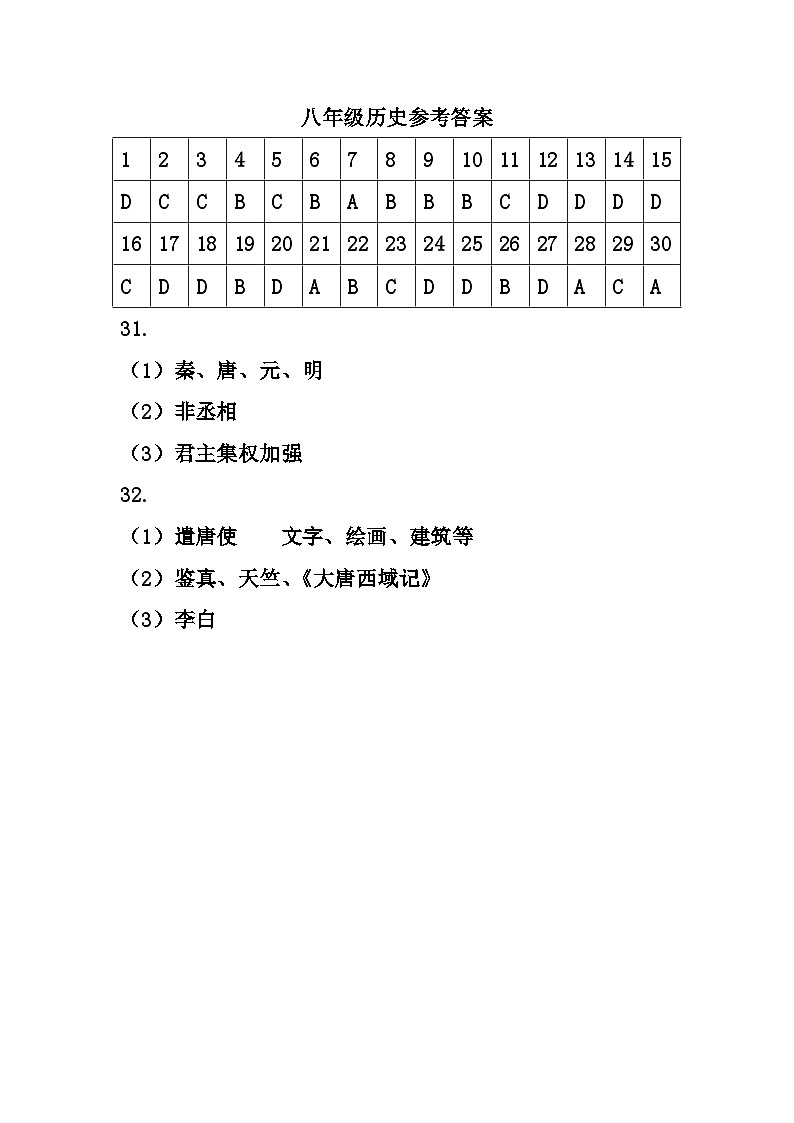 八年级历史参考答案第1页
