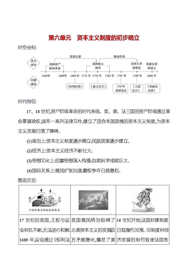 2023-2024 部编版初中历史 九年级上册  第六单元　资本主义制度的初步确立 同步练习01