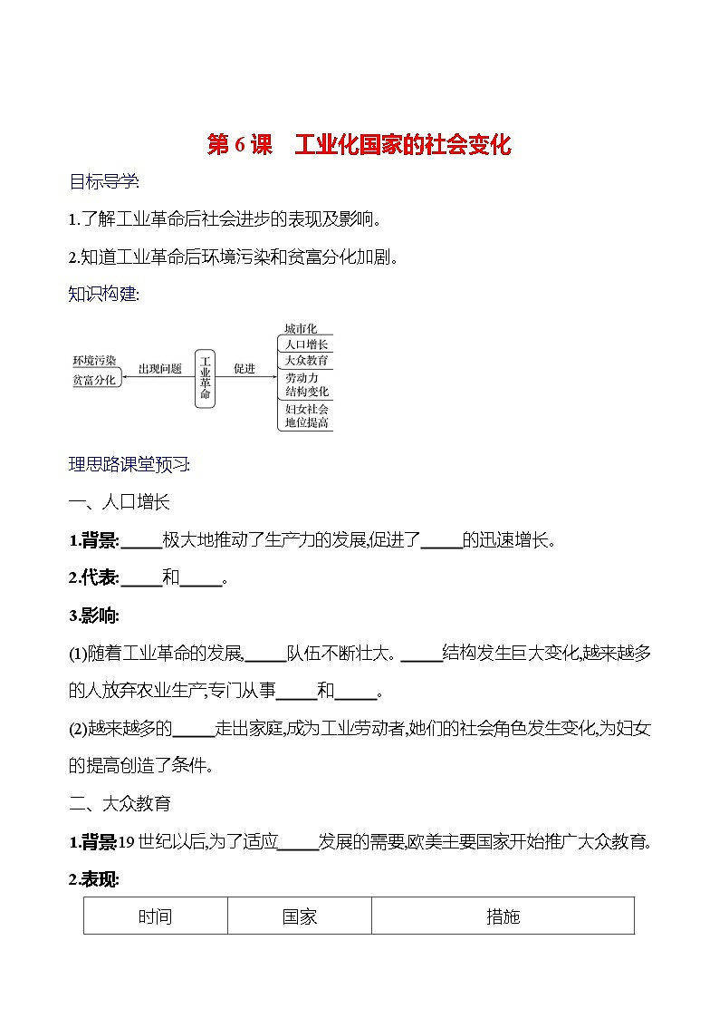 2023-2024 部编版初中历史 九年级下册  第二单元  第6课　工业化国家的社会变化 同步练习01