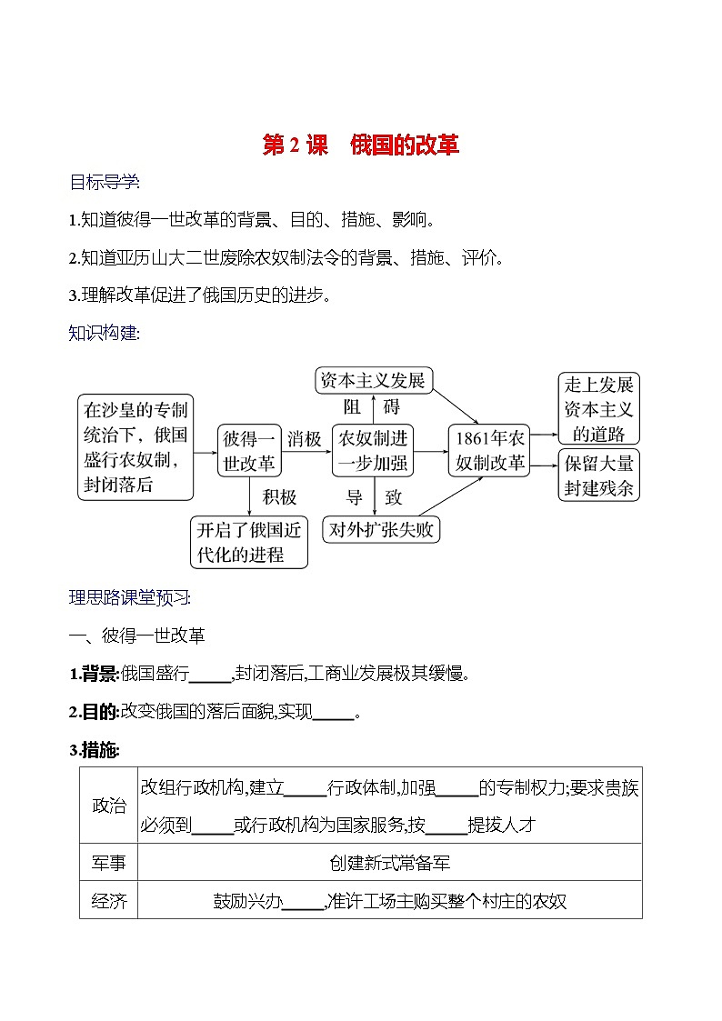 2023-2024 部编版初中历史 九年级下册  第一单元  第2课　俄国的改革 同步练习01
