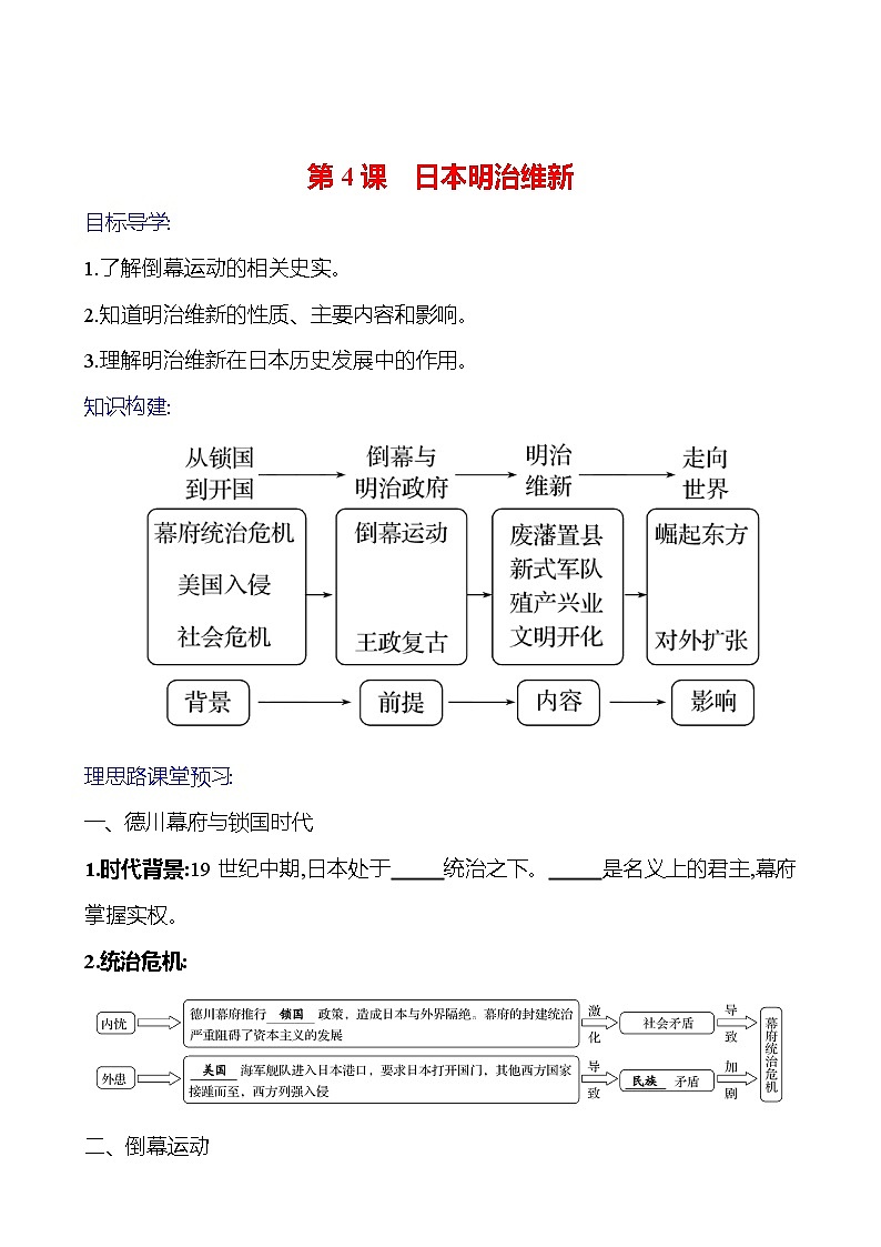 2023-2024 部编版初中历史 九年级下册  第一单元  第4课　日本明治维新 同步练习（学生版）第1页