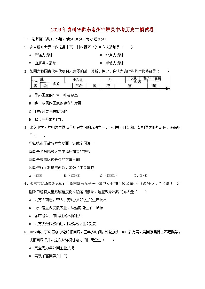 贵州省黔东南州锦屏县河口中学2019年中考历史二模试卷（含解析）第1页