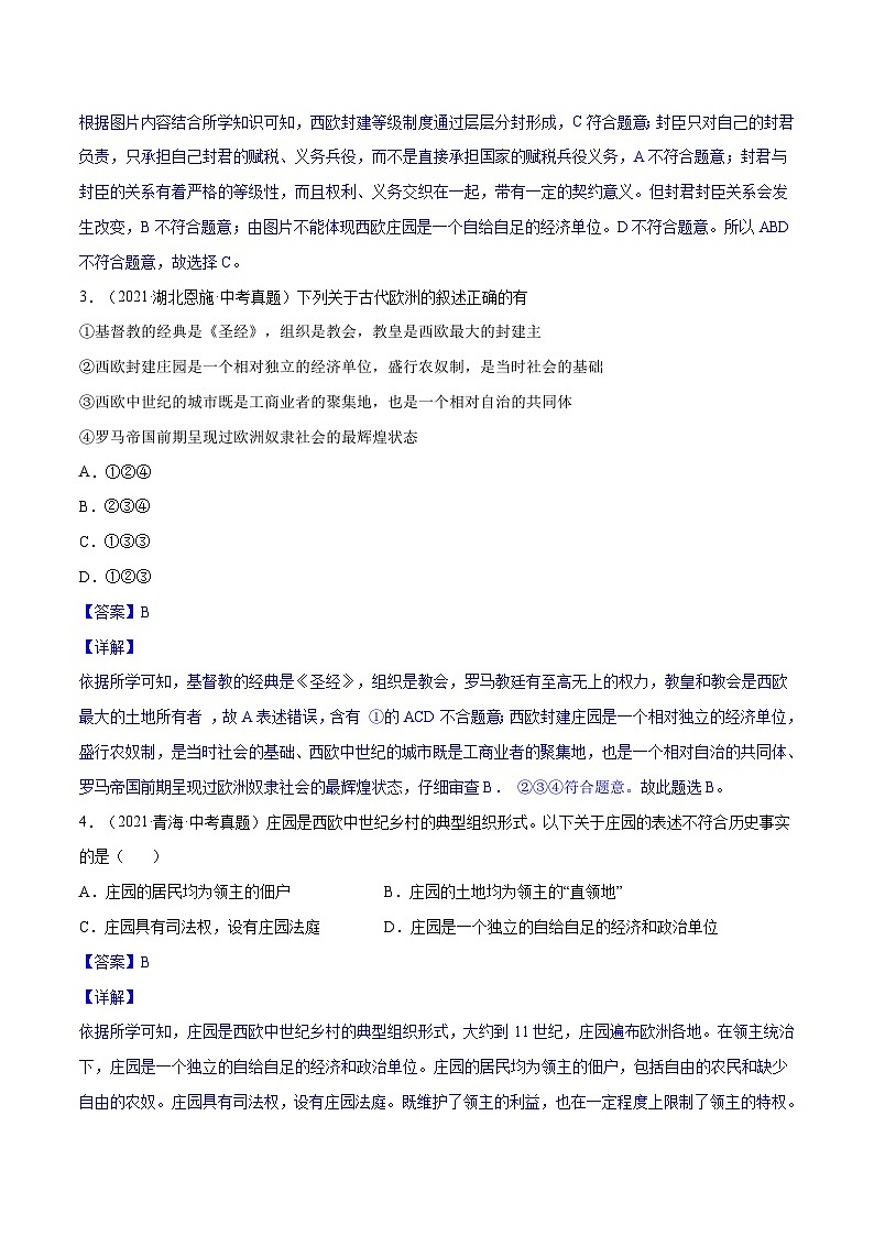 中考历史一轮复习专项训练专题27 封建时代的欧洲（含解析）02