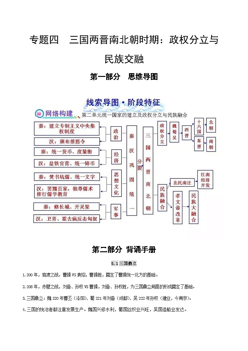 中考历史第一轮复习(思维导图 背诵手册 过关精练)三国两晋南北朝时期：政权分立与民族交融（含答案）第1页
