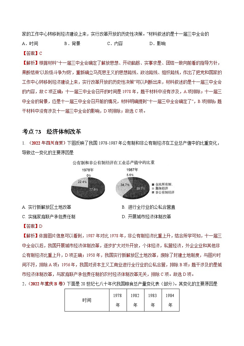 2022年中考历史真题分项汇编专题17 中国特色社会主义道路（含解析）03