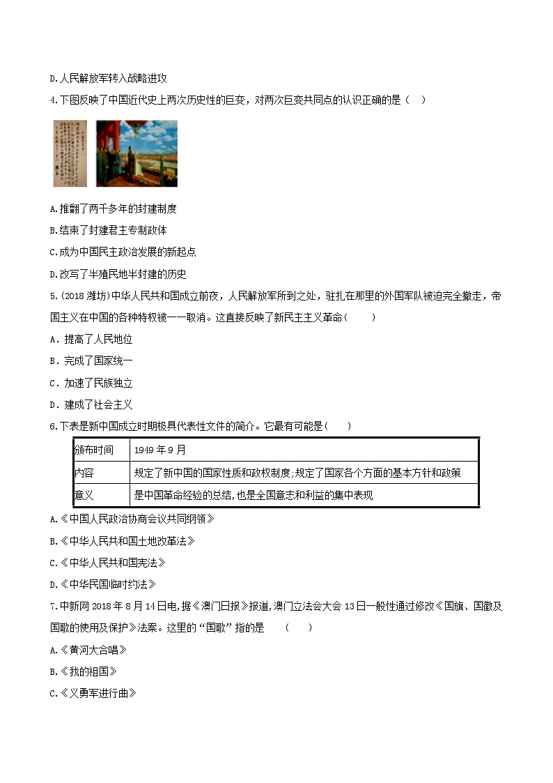 中考历史一轮复习考点复习主题01中华人民共和国的成立和巩固测试卷（含答案）02