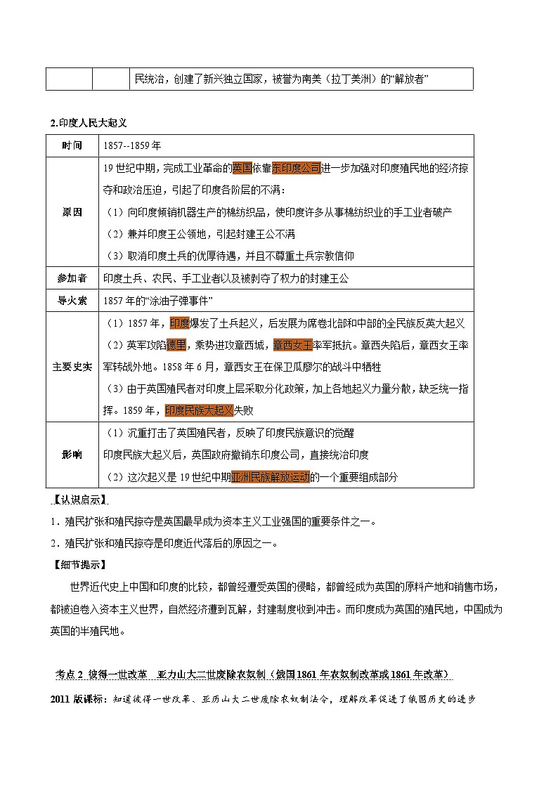 中考历史一轮复习考点复习主题04殖民地人民的反抗与资本主义制度的扩张（知识点归纳）第3页