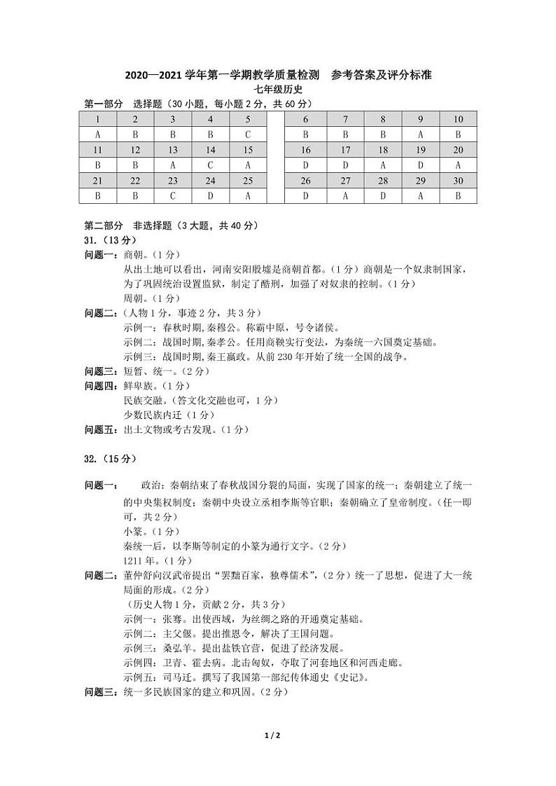 2020-2021学年深圳市福田区七年级上学期期末历史试卷（答案）第1页