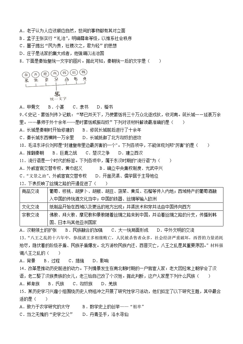 贵州省黔南布依族苗族自治州惠水县2022-2023学年七年级上学期期末历史试题(无答案)第2页