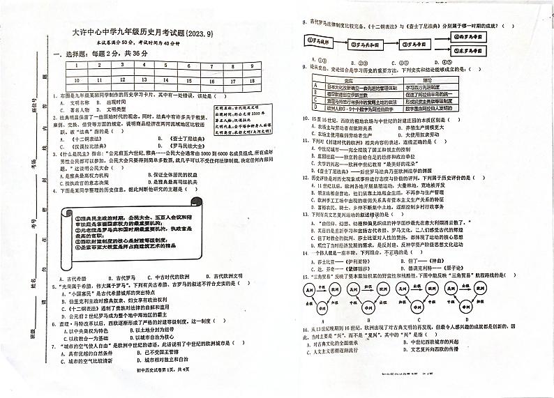 江苏省徐州市铜山区部分校2023-2024学年九年级上学期9月检测历史试卷第1页