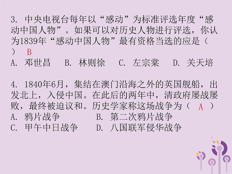 中考历史一轮复习课件 中国近代史主题一列强的侵略与中国人民的抗争习题（含答案）04