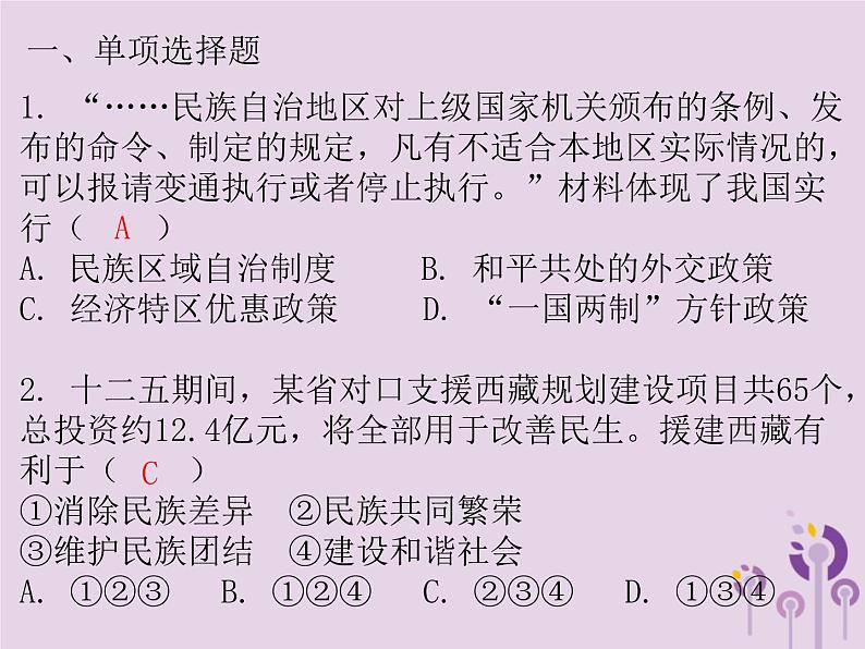 中考历史一轮复习课件 中国现代史主题三民族团结与祖国统一外交成就科技教育文化与社会生活习题（含答案）第2页