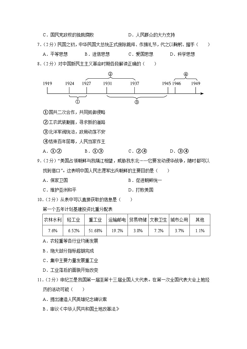 浙江省金华市东阳市2022-2023学年八年级下学期期末历史试卷02