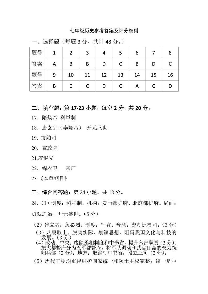 七年级历史参考答案及评分细则第1页