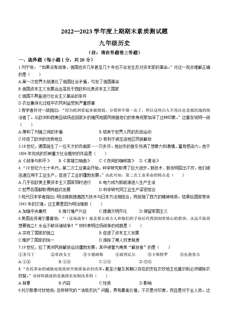 河南省驻马店市确山县2022-2023学年九年级上学期期末历史试题第1页
