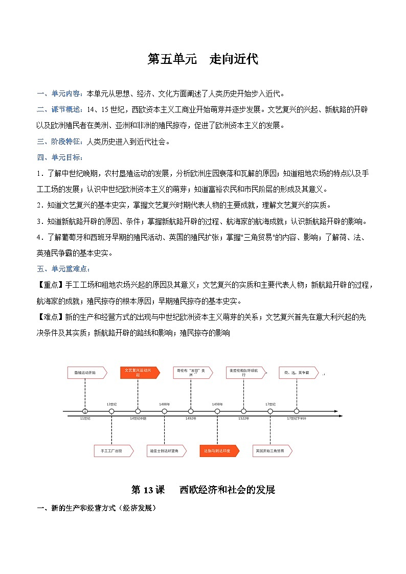 【期中单元知识点归纳】（部编版）2023-2024学年九年级历史上册 第五单元+走向近代（讲义）01
