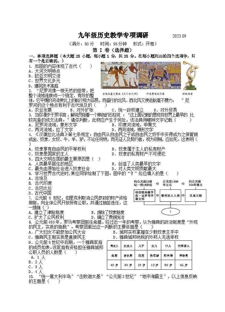 九年级历史第一次教学专项调研试题-202309第1页