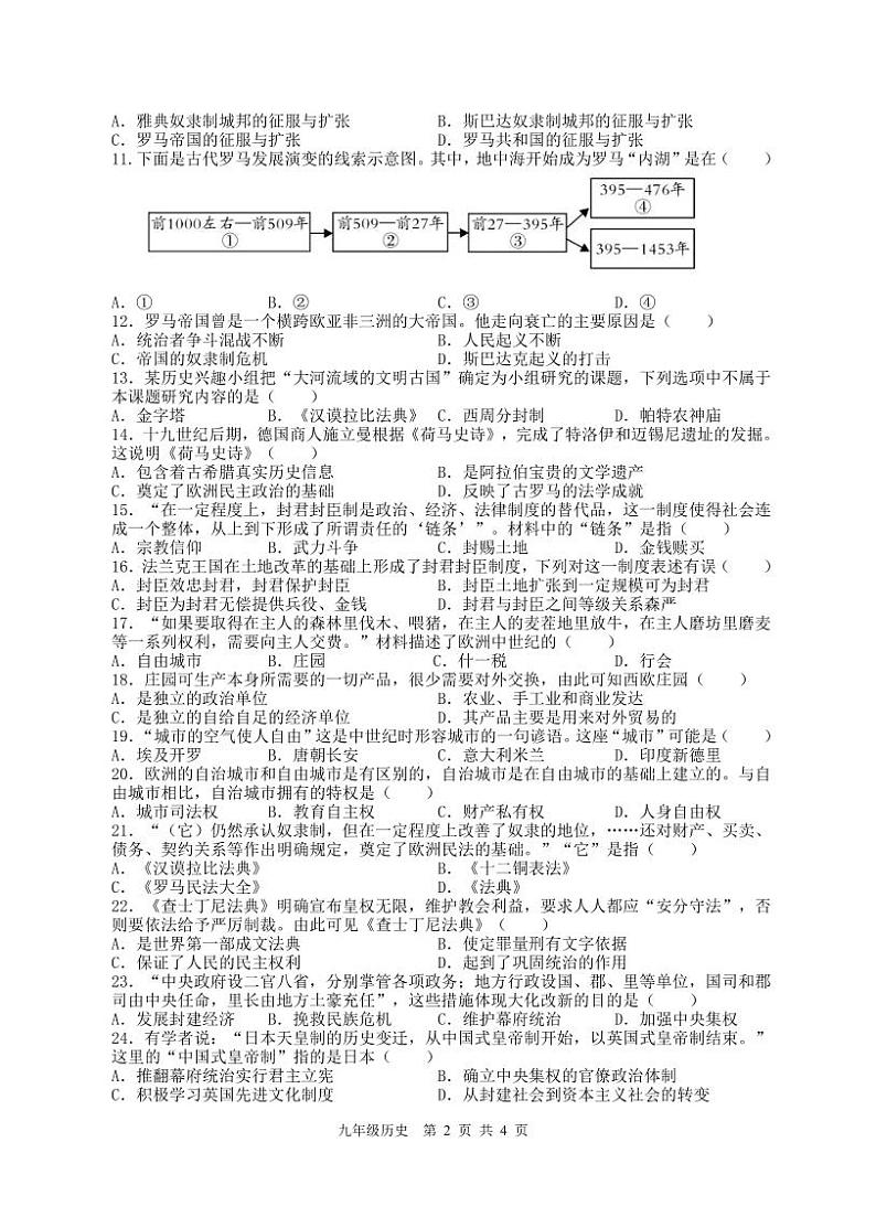 九年级历史第一次教学专项调研试题-202309第2页