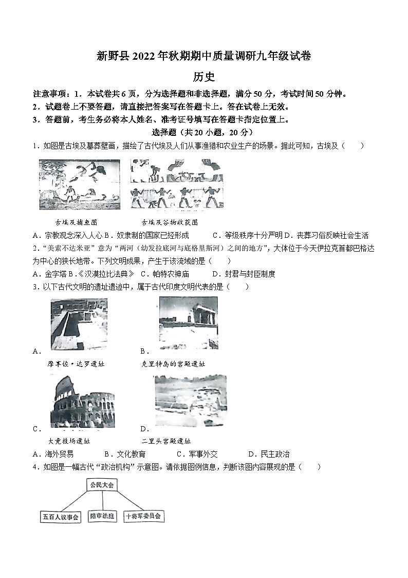 河南省南阳市新野县2022-2023学年九年级上学期期中历史试题第1页