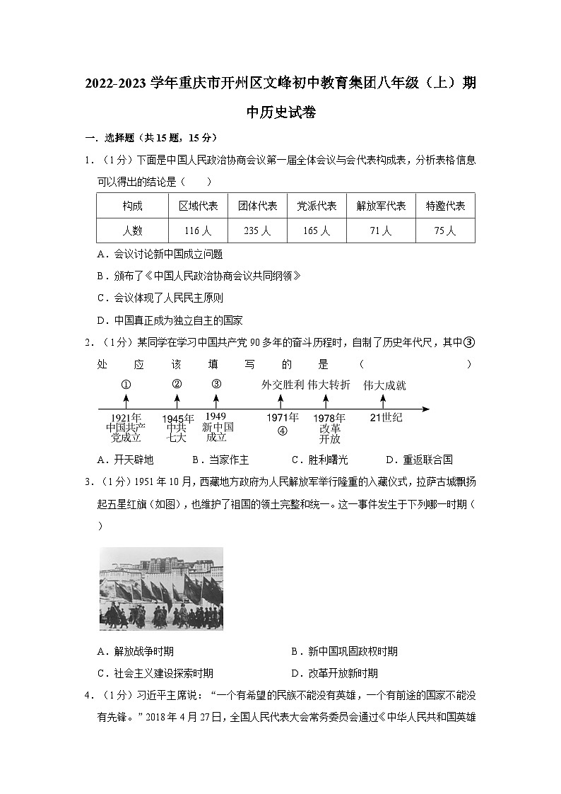 2022-2023学年重庆市开州区文峰初中教育集团八年级（上）期中历史试卷（含解析）第1页