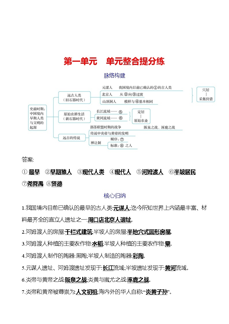 第一单元　单元整合提分练 同步练习2023-2024 部编版初中历史七年级上册（湖北专版）01