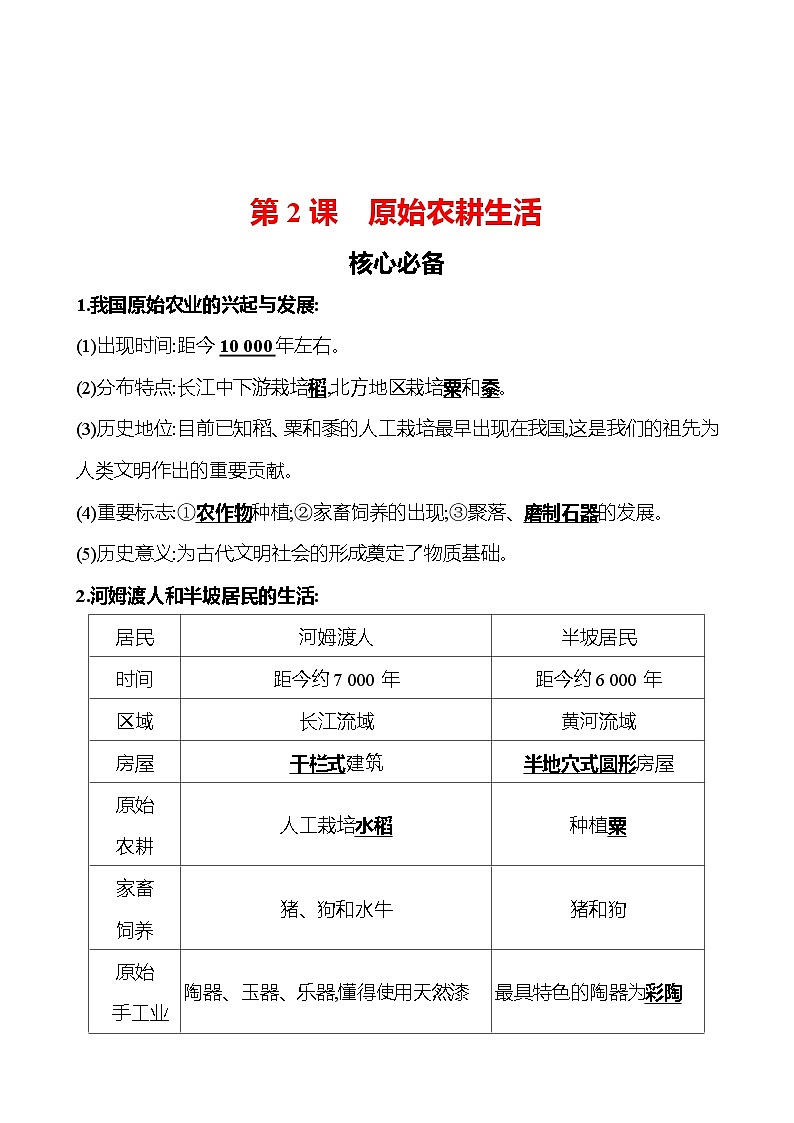 第一单元　第2课　原始农耕生活 同步练习（教师版）2023-2024 部编版初中历史七年级上册（湖北专版）第1页