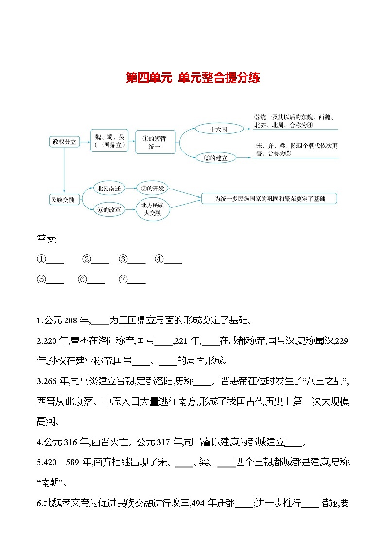 第四单元　单元整合提分练 同步练习（学生版）2023-2024 部编版初中历史七年级上册（湖北专版）第1页