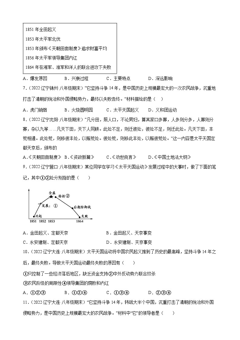 第3课  太平天国运动 期末试题分类选编（含解析）---2022-2023学年上学期辽宁省各地八年级历史期末试题分类选编02
