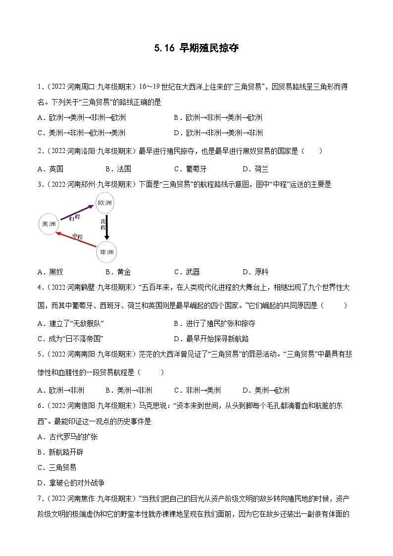 第16课早期殖民掠夺  期末试题分类选编--2022-2023学年上学期河南省各地九年级历史（含解析）01