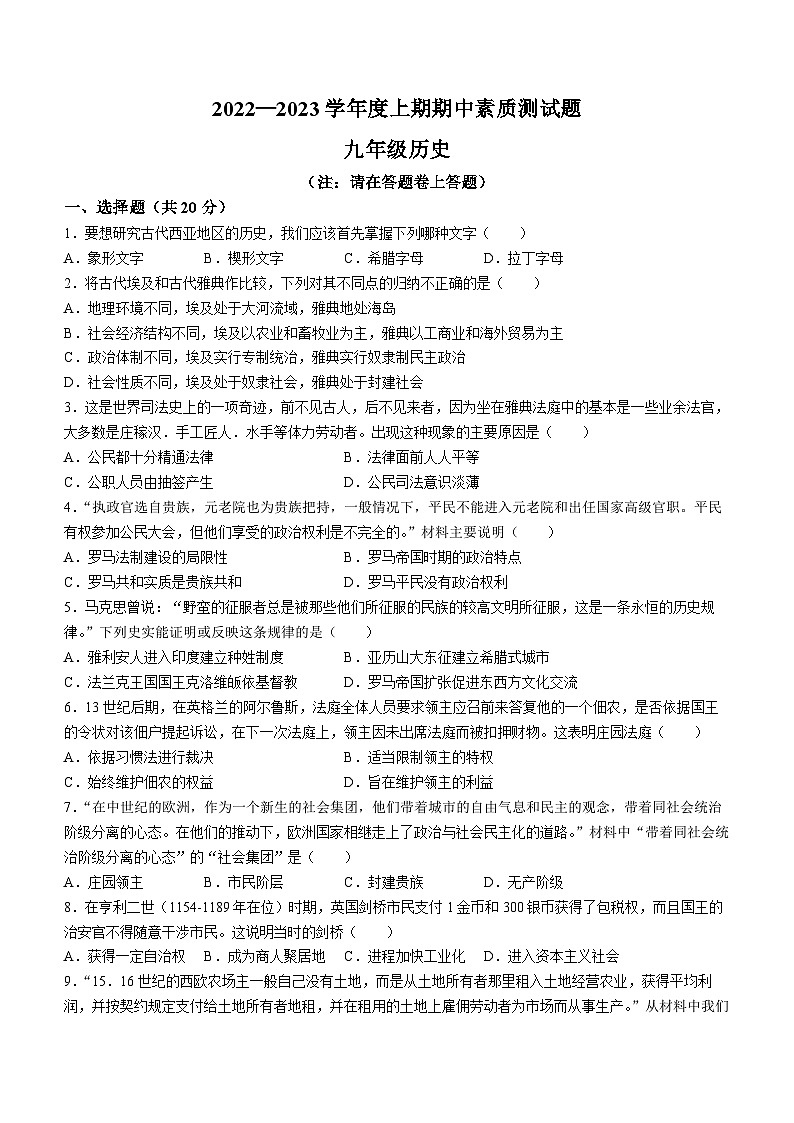 河南省驻马店市泌阳县2022-2023学年九年级上学期期中历史试题第1页