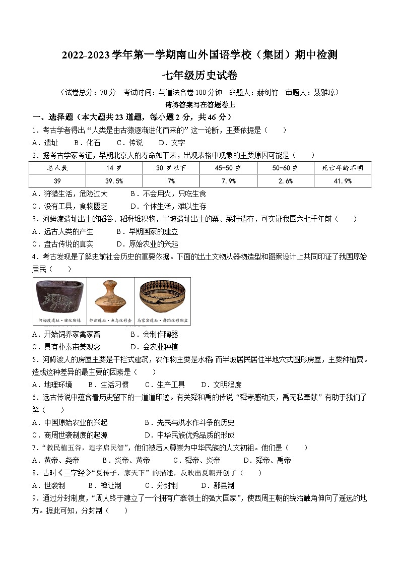 广东省深圳市南山第二外国语学校集团2022-2023学年七年级上学期期中历史试题01