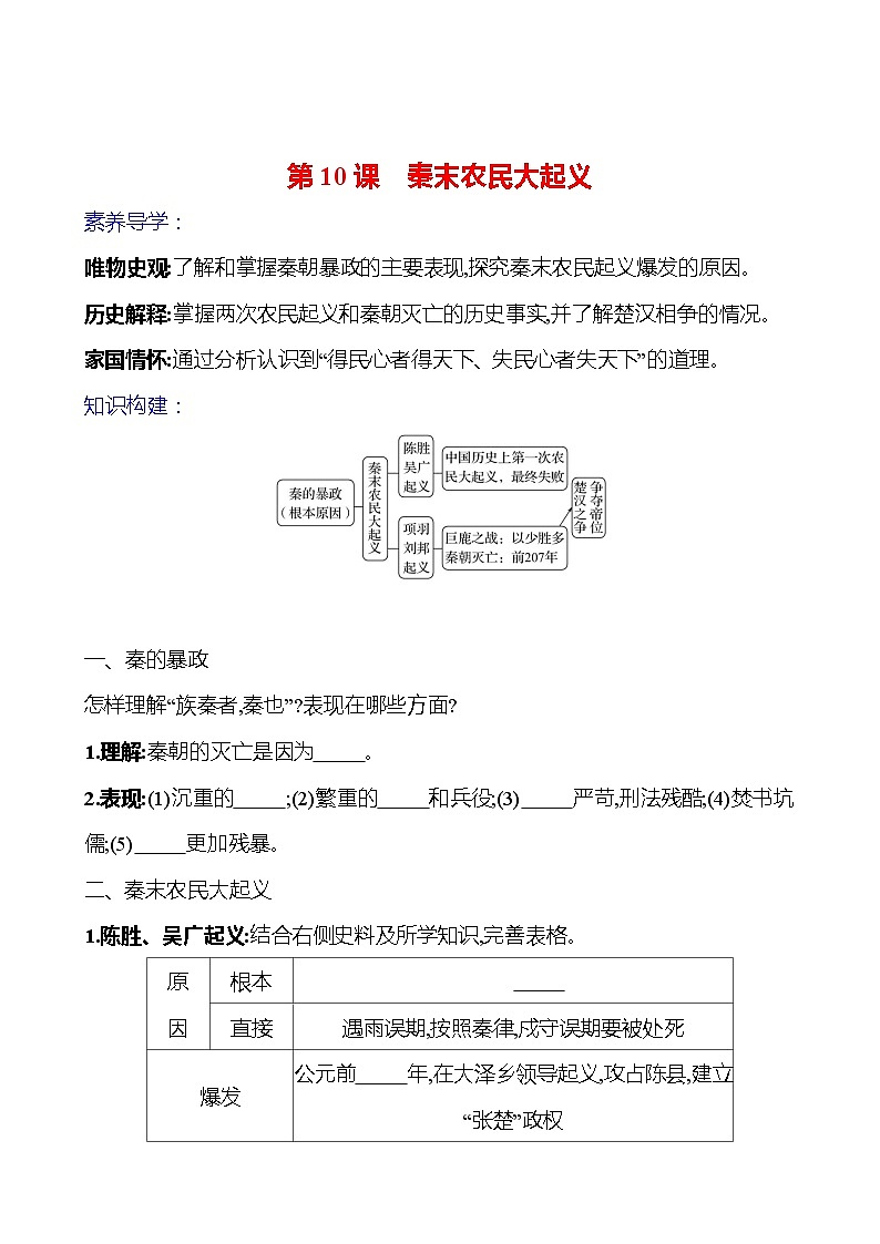 第三单元　第10课　秦末农民大起义导学案（学生版）2023-2024 部编版初中历史七年级上册第1页