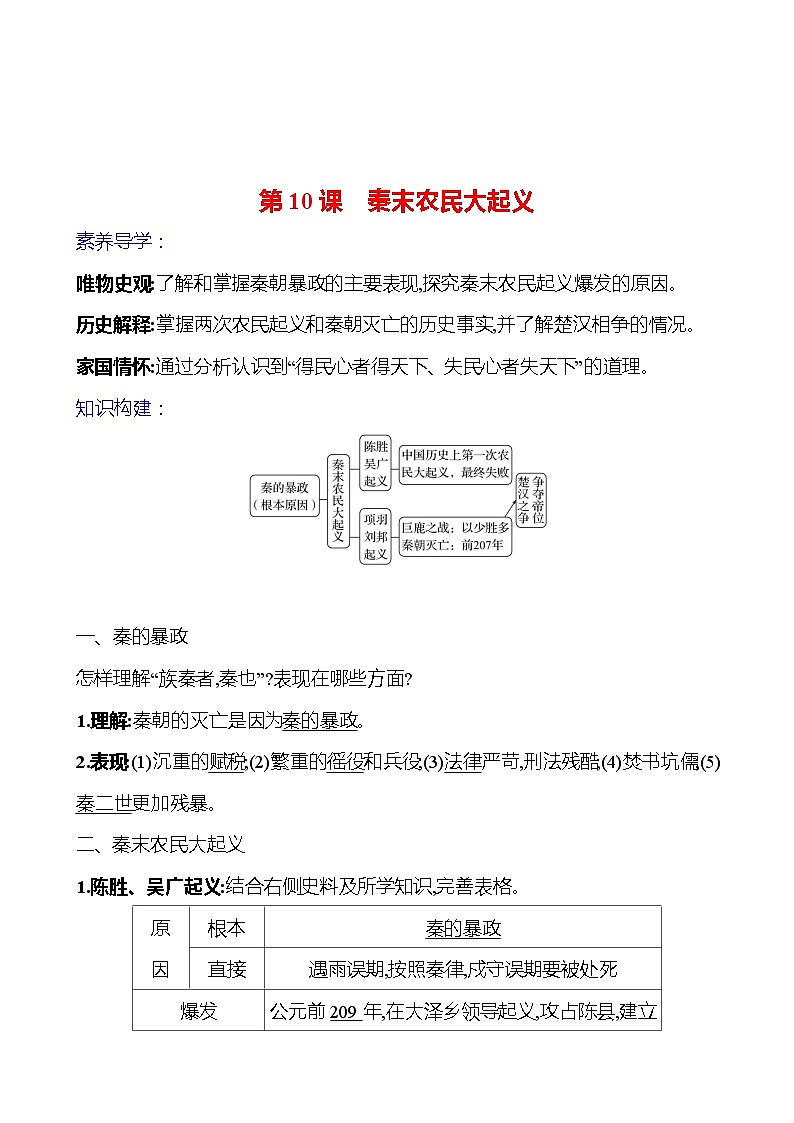 第三单元　第10课　秦末农民大起义导学案（教师版）2023-2024 部编版初中历史七年级上册第1页