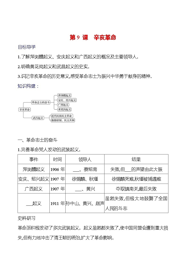 第三单元　第九课　辛亥革命 导学案2023-2024 部编版初中历史八年级上册01