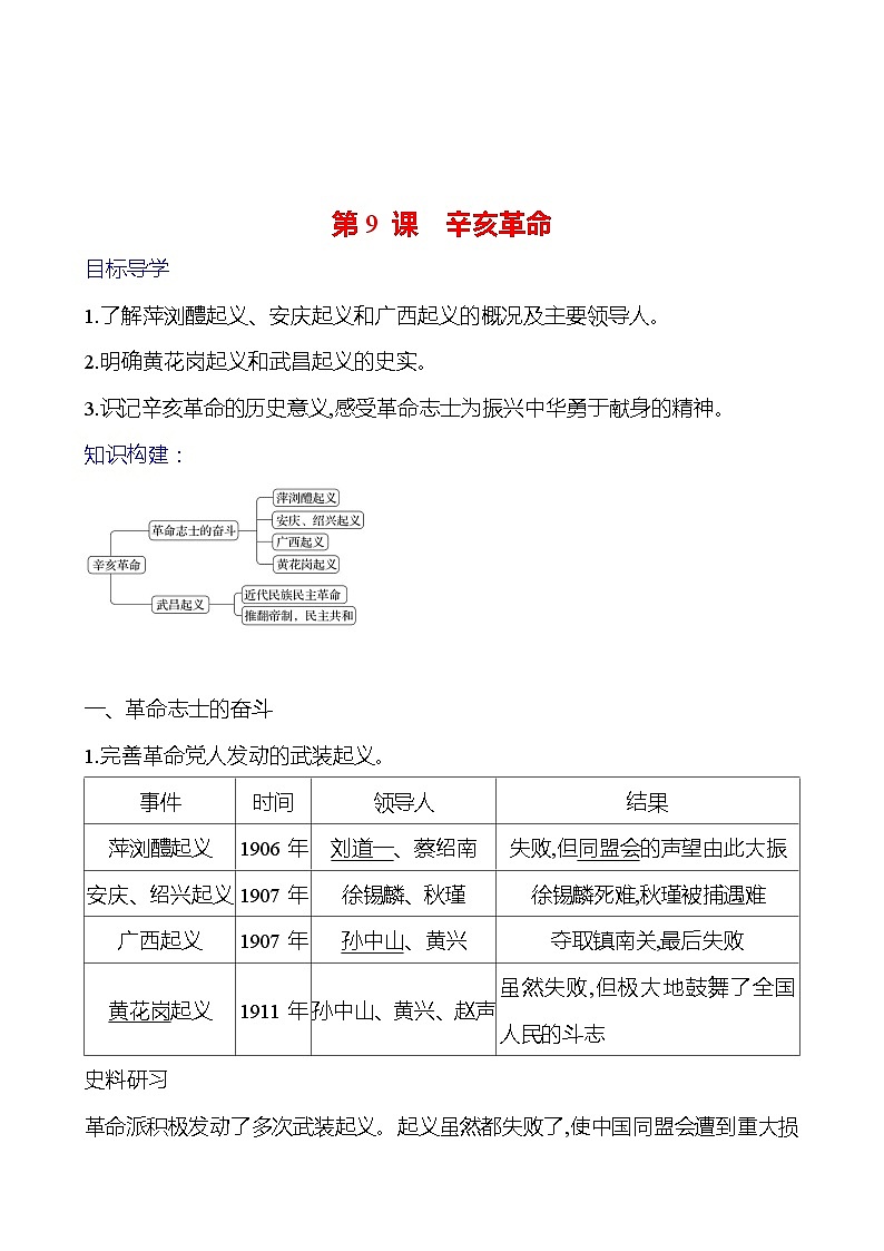 第三单元　第九课　辛亥革命 导学案2023-2024 部编版初中历史八年级上册01
