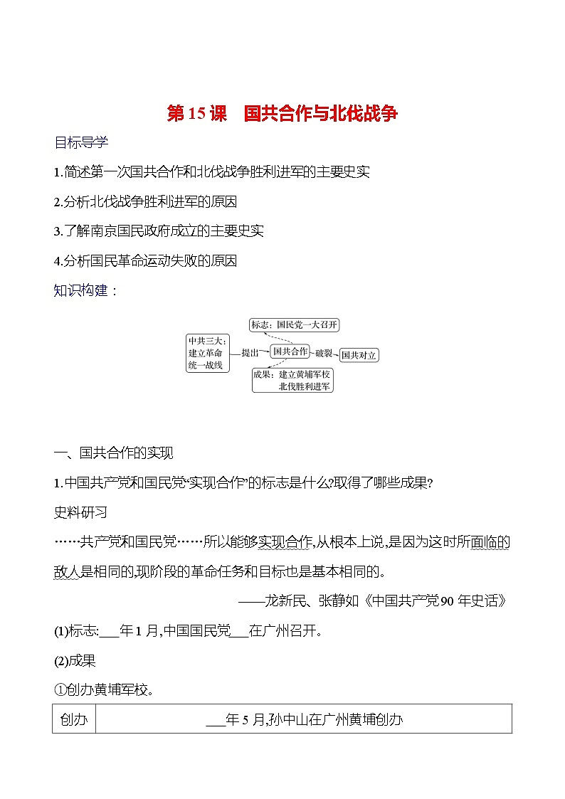第五单元　第十五课　国共合作与北伐战争 导学案2023-2024 部编版初中历史八年级上册01