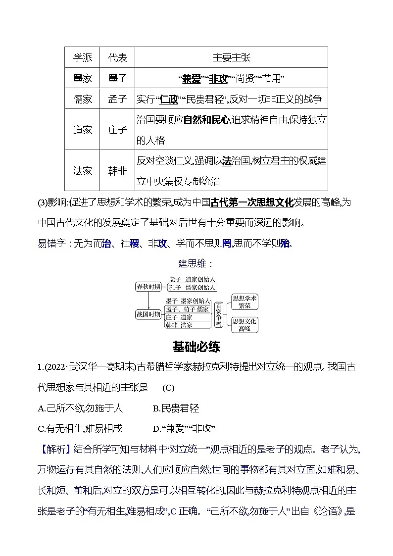 第二单元　第8课　百家争鸣 同步练习（教师版）2023-2024 部编版初中历史七年级上册（湖北专版）第2页