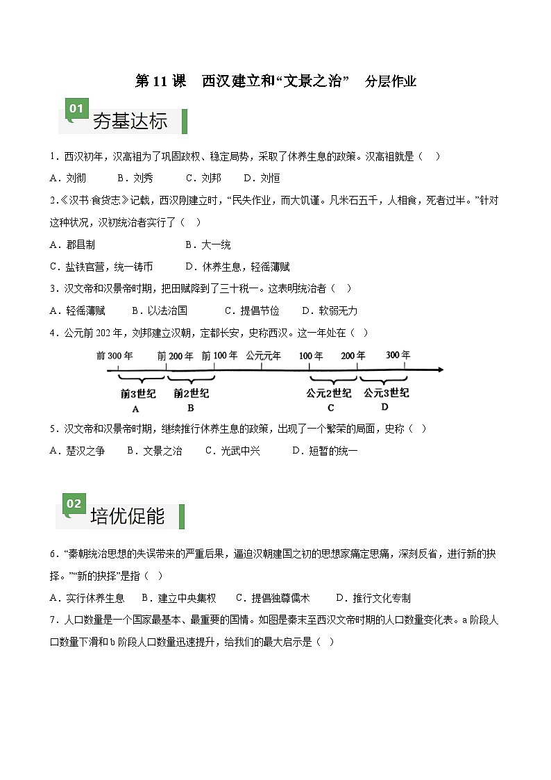 第11课西汉建立和“文景之治”  分层作业（含答案）2023-2024学年部编版七年级历史上册01