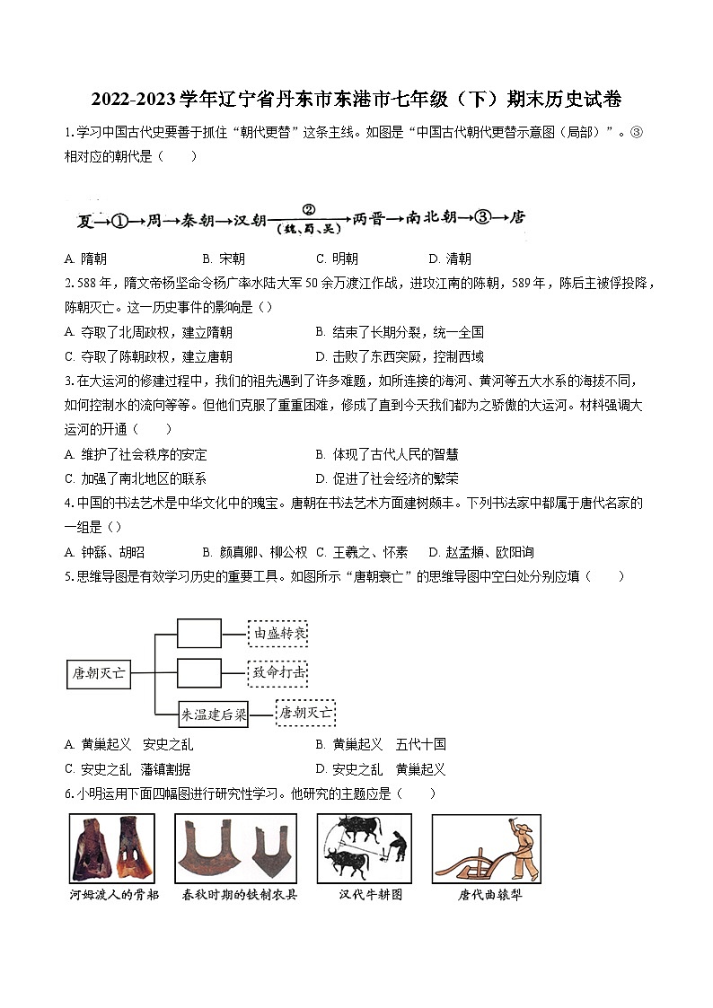 2022-2023学年辽宁省丹东市东港市七年级（下）期末历史试卷（含答案解析）第1页