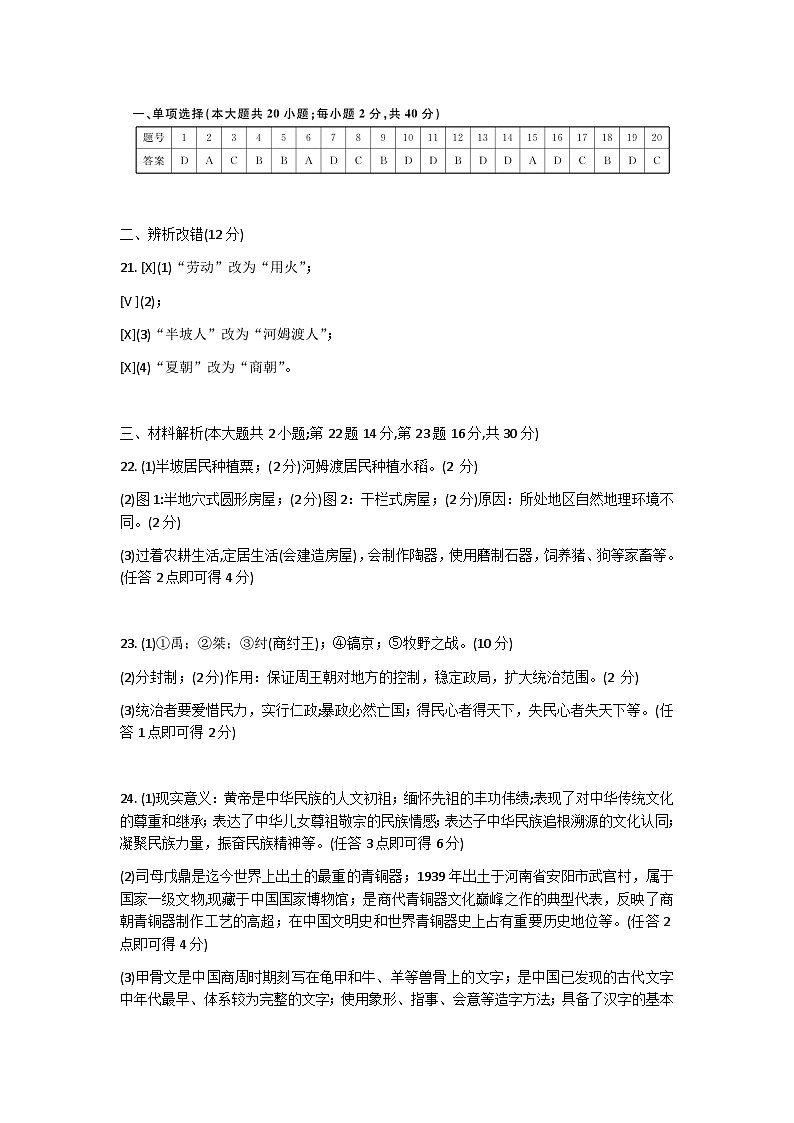 安徽省淮北市五校联考2023-2024学年部编版七年级上学期第一次月考历史试题01