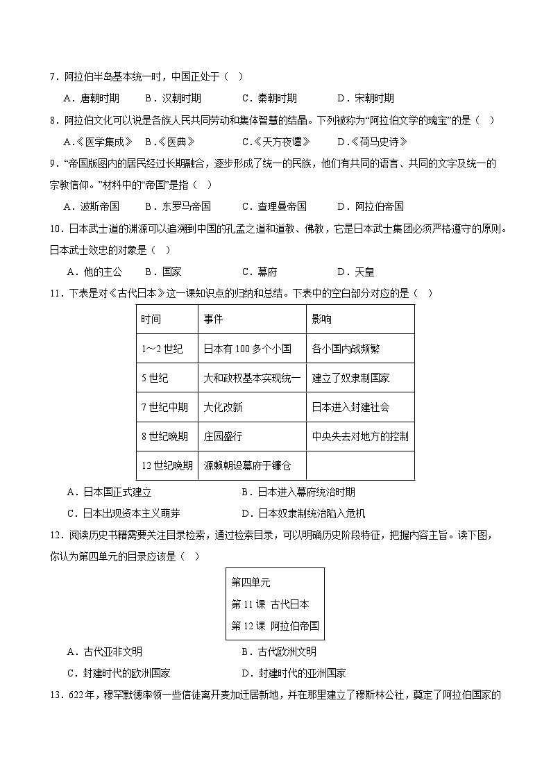 【期中单元测试卷】（部编版）2023-2024学年九年级历史上册 第四单元 封建时代的亚洲国家【综合检测卷】02