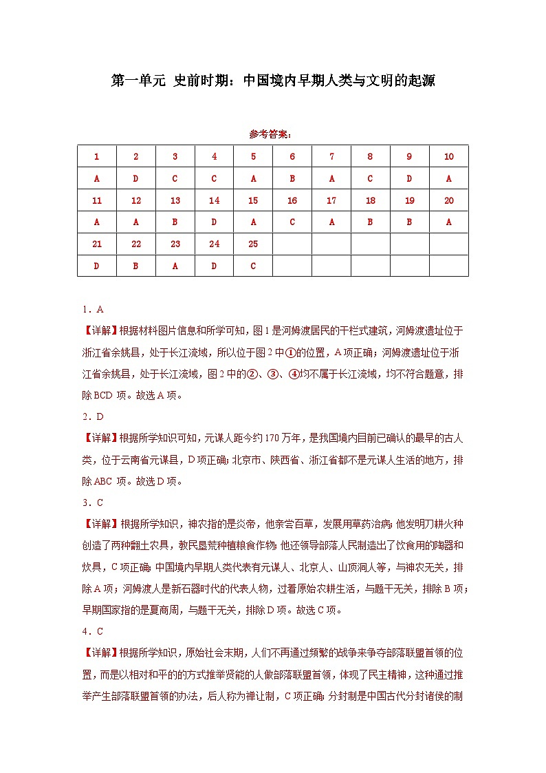 【期中单元复习卷】（部编版）2023-2024学年七年级历史上册 第一单元 史前时期：中国境内早期人类与文明的起源 综合测试卷01