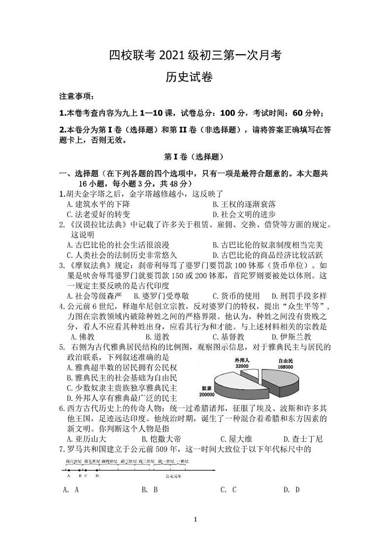 湖南省长沙市四校联考2023-2024学年九年级上学期10月月考历史试题01