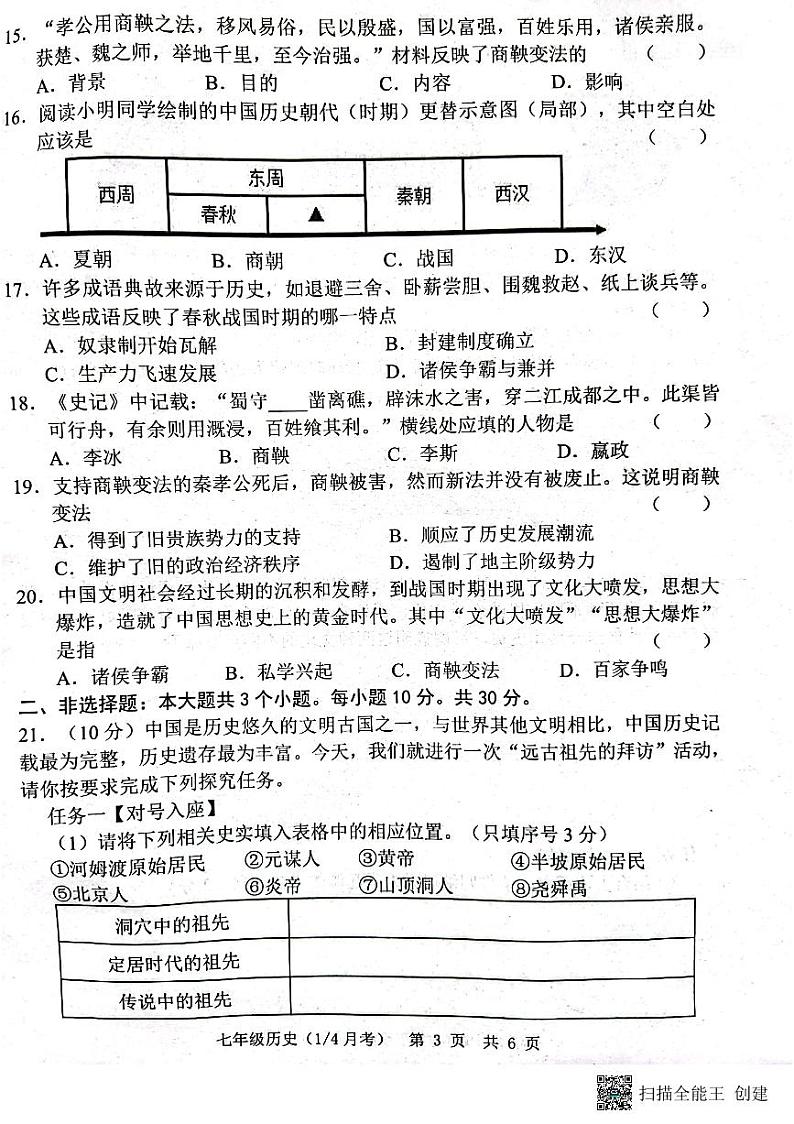 山东省菏泽市牡丹区王浩屯镇初级中学2023_2024学年七年级10月月考历史试题03