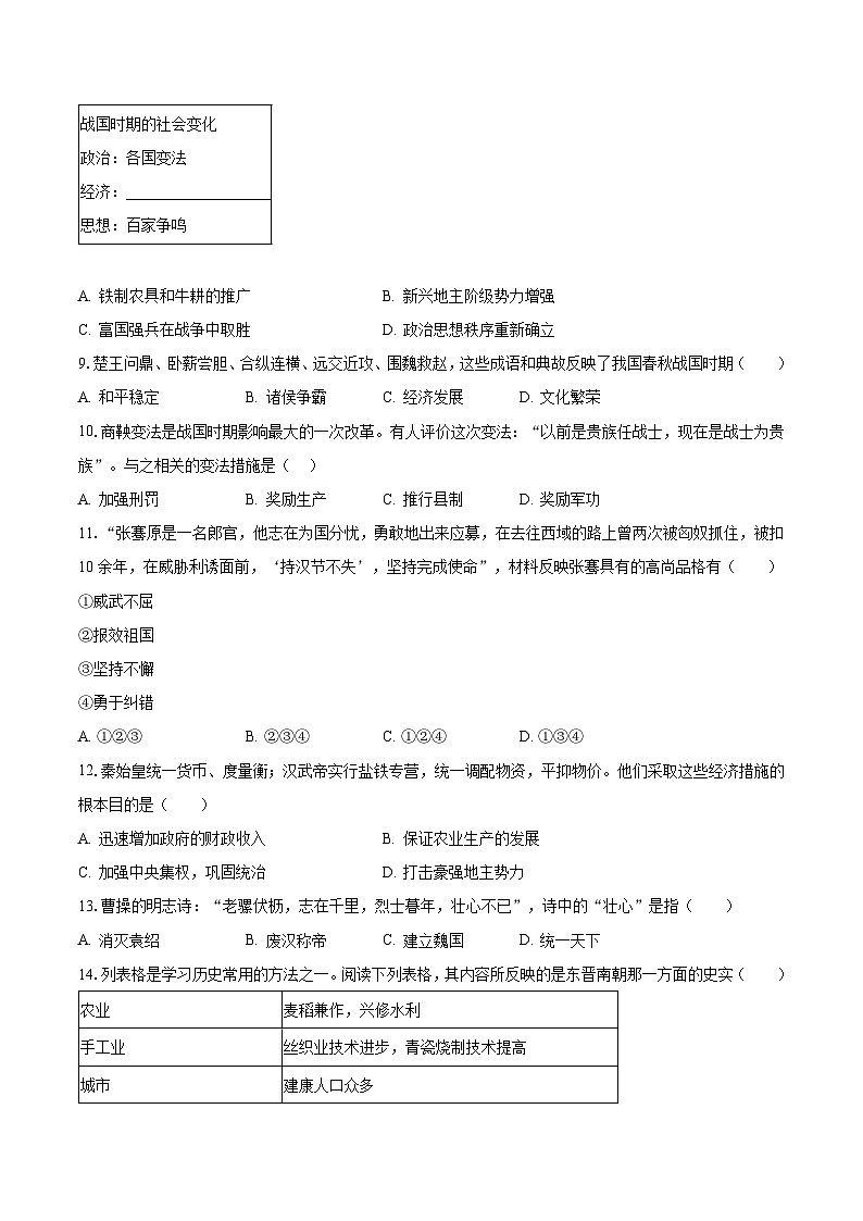 2022-2023学年湖北省孝感市汉川市七年级（上）期末历史试卷（含解析）02